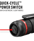 PX1 565 Lumen Pure Beam Focusing LED Flashlight with Twist Focus showing quick-cycle power switch for mode adjustment.