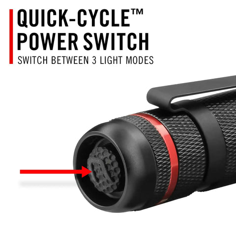 PX1 565 Lumen Pure Beam Focusing LED Flashlight with Twist Focus showing quick-cycle power switch for mode adjustment.