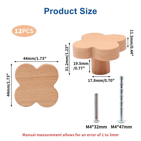 Top Shelf Four Leaf Wooden Drawer Knobs Pack Of Twelve Heavy Duty Natural Beech Wood Cabinet Pulls With Screws size and dimensions