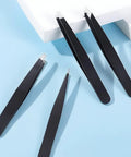 4-Piece Pro Tweezers Set for Brows, Facial Hair, Splinters and Ingrown Hairs with Precision Tips, Stainless Steel, on blue background