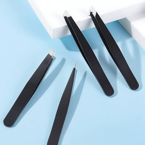 4-Piece Pro Tweezers Set for Brows, Facial Hair, Splinters and Ingrown Hairs with Precision Tips, Stainless Steel, on blue background