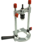 Front view of Richelieu R77229 drill guide attachment, silver metal with red knobs and clamp base.