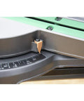 Close-up of Pro Grade Miter Saw With Eight And A Half Inch Blade And Linear Ball Bearing Slide System showing miter scale.