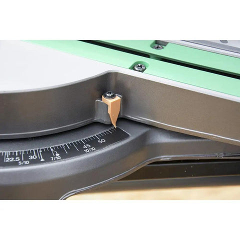 Close-up of Pro Grade Miter Saw With Eight And A Half Inch Blade And Linear Ball Bearing Slide System showing miter scale.