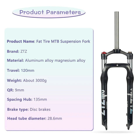 Beefy Fat Tire MTB Front Suspension Fork, 100mm Travel, 135mm Hub, showcased with specifications and aluminum alloy material.