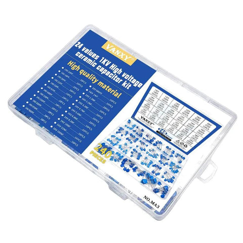 High Voltage Ceramic Disc Capacitor Kit, 1KV DIP, 240 Pieces, 24 Values From 10pF To 100nF assortment in clear case