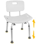 FSA/HSA Eligible Adjustable Shower Chair with tool-free assembly, durable aluminum frame, non-slip feet, and drainage seat.