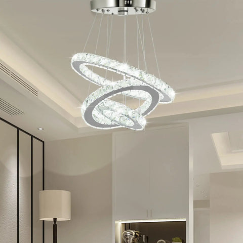 Modern LED Crystal Chandelier With Dope Three Ring Design, Adjustable Ceiling Light Fixture In Stainless Steel, Cool White 4500K 6000K, 52W, 85V-265V, Pendant Lighting For Living Room Dining Room Bedroom