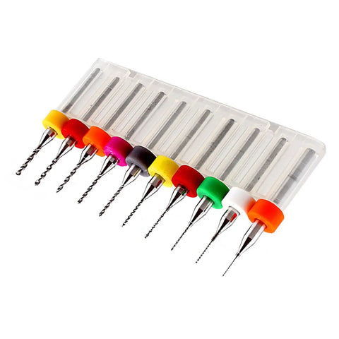 10-piece Carbide Micro Drill Bit Set For PCBs, short length, sizes 0.3mm to 1.2mm, precision ground, durable, colorful holders