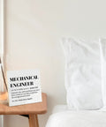 Mechanical Engineer Gift For Women And Men, Definition Wood Sign Plaque on bedside table next to pillow