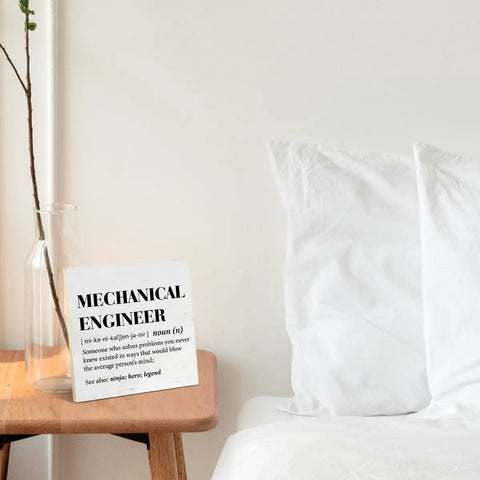 Mechanical Engineer Gift For Women And Men, Definition Wood Sign Plaque on bedside table next to pillow