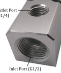 Close-up of Two Way Pneumatic Manifold Air Distribution Block With G1/2 Inlet Ports And G1/4 Outlet Ports, Aluminum Alloy.