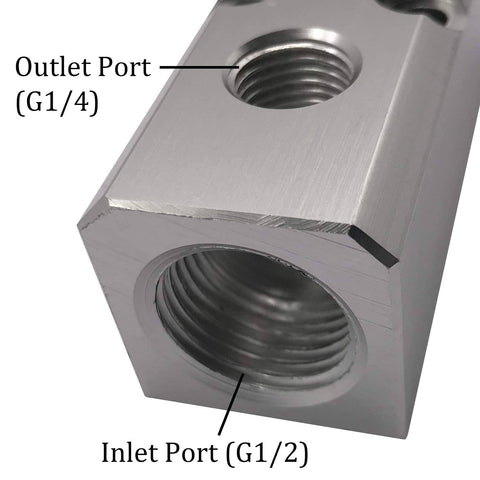 Close-up of Two Way Pneumatic Manifold Air Distribution Block With G1/2 Inlet Ports And G1/4 Outlet Ports, Aluminum Alloy.
