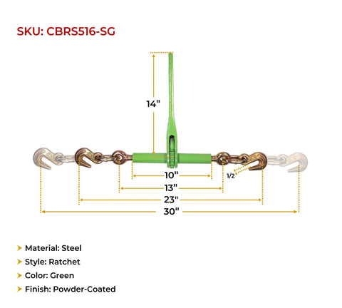 4 Pack 5/16 To 3/8 Inch Heavy Duty Hi Vis Green Ratchet Tie Down With Grab Hook And Slip Clip 5400 Lb Working Load Limit Cargo Latch Binder For Flatbed Trailers Built Tough, showing dimensions.