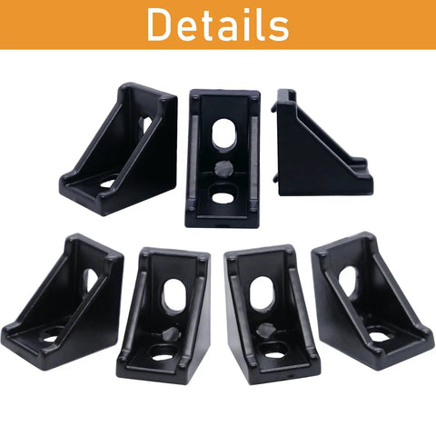 Set of 12 Pack 2020 Aluminum Extrusion Corner Brackets in Black with visible details for 90 degree connectors.