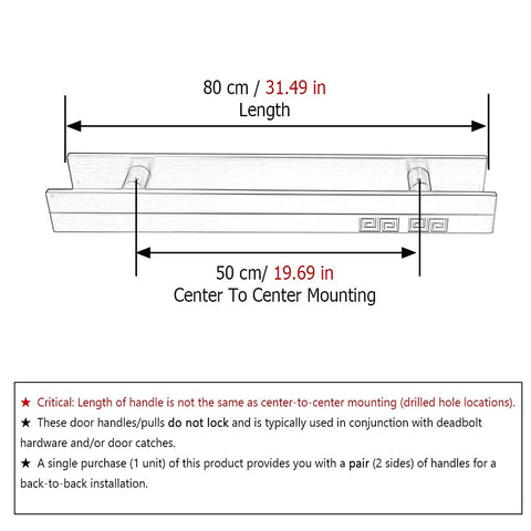 Diagram of long glass door handle with dual sided design for 16 inch sliding barn doors, showing 80 cm length and 50 cm mounting centers.