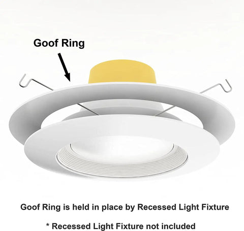 8 Pack Matte White Goof Trim Rings For Recessed Down Lights displayed installed over a light fixture, showcasing the snug fit and design.
