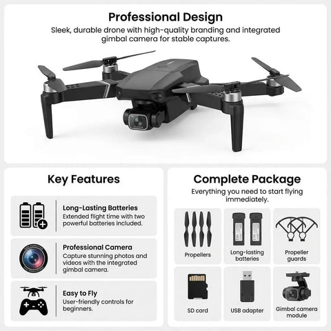 Foldable Mini Drone With Screen Controller And SD Card For Beginners showing design, features, and included accessories
