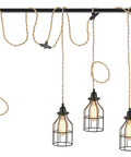 Three Light Plug In Pendant With Hemp Rope And Metal Cage Shades, 27 Feet Adjustable Twisted Rope Hanging Lighting For Kitchen Island, Living Room, And Bedroom, Vintage Farmhouse Style, Detachable Lampshades shown hanging to illustrate design.