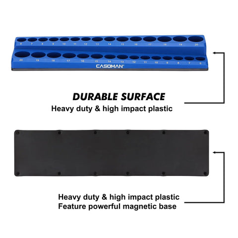 Magnetic Socket Organizer Kit Three Piece For Half Inch, Three Eighths Inch, And Quarter Inch Drive Sockets in blue rubberized base