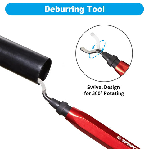 Pro Grade Four Piece Copper Pipe Cutter Set With Deburring Tool For One Half Inch Three Quarters Inch And One Inch Tubing Auto Tightening Cutting Wheels For Fast Clean Cuts No Fuss Deburring deburring tool close-up showing swivel design