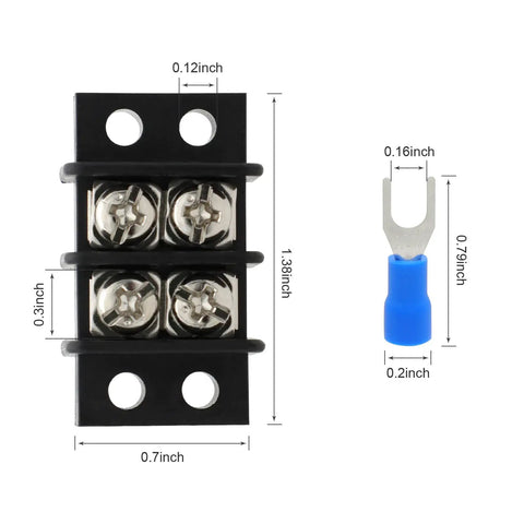 Two Pack Dual Row Terminal Block Kit With 2 Circuits, 20-30A, 200V-450V Screw Terminal Strips, Heavy Duty Wire Clamps, Includes Eight Heat Shrink Connectors For Clean, Easy Wiring And Less Clutter. Black 2-position terminal block with blue fork connector, dimensions shown.