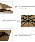 Diagram showing installation details of Outdoor Replacement Canopy Top For 10x12 Gazebo Double Tier Roof Cover In Khaki Water Repellent And UV Resistant Wind Strong Durability With 4 Mesh Panels To Cut Leaves And Gaps Fits Standard Patio Gazebo Frames
