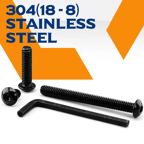 Built Tough 5/16-18 By 3-1/2 Inch Button Head Socket Cap Screws Made From Top Shelf 304 Stainless Steel With Long Lasting Black Oxide Shield And Snug Allen Hex Drive For No Hassle Jobsite Work Pack Of 10 bolts and hex key.