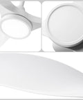 Close-up of Stylish 52 Inch White Ceiling Fan With Three Blades And Built In Light Featuring Slick Finish showing light and blades.
