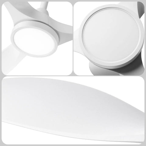 Close-up of Stylish 52 Inch White Ceiling Fan With Three Blades And Built In Light Featuring Slick Finish showing light and blades.