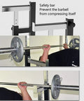 Adjustable Multifunction Squat Rack With Dip Stand And Barbell Holder for home gym showing safety bar during bench press