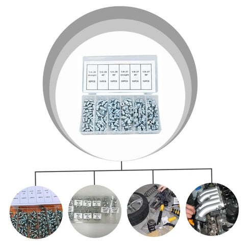 Hydraulic Grease Nipples And Fittings Kit - 260-Piece Metric And Imperial Assortment for lubricating bearings, visible with storage box