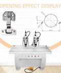 Double Station Pneumatic Hinge Boring Machine for Woodworking 48-6 showing hinge opening effect display and drill details.