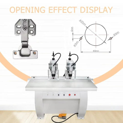 Double Station Pneumatic Hinge Boring Machine for Woodworking 48-6 showing hinge opening effect display and drill details.