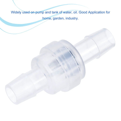 One Way Inline Hose Connector Check Valve Three Eighth Inch Dia Non Return For Water And Oil Lines EPDM Plastic Translucent close-up