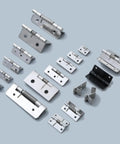 4 Pack Stainless Steel Spring Loaded Hinges for Cabinet Doors Featuring Rock Solid Auto Close Mechanism with Included Screws set on a gray background.