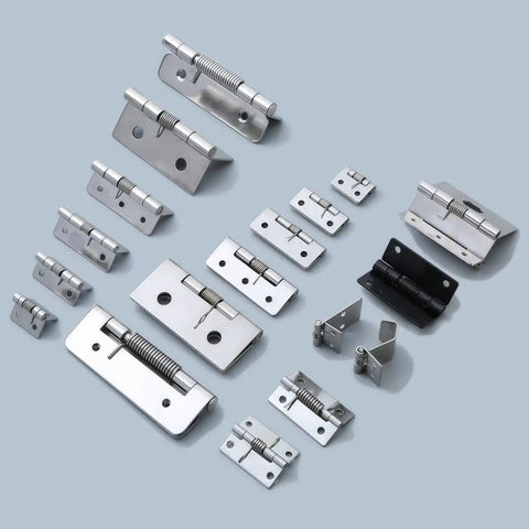 4 Pack Stainless Steel Spring Loaded Hinges for Cabinet Doors Featuring Rock Solid Auto Close Mechanism with Included Screws set on a gray background.