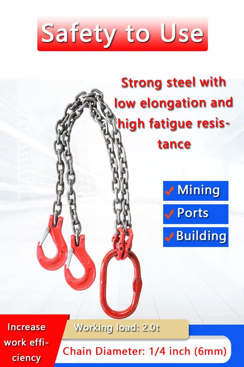 Beefy 2 Ton Grade 80 Alloy Steel Chain Sling 5 Ft Long 2 Leg With Sling Hooks, safety features for industrial lifting