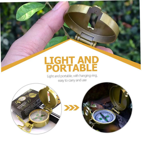 All In One Portable Hiking Compass With Carabiner For Camping And Backpacking shown in hand and opened for easy access with box