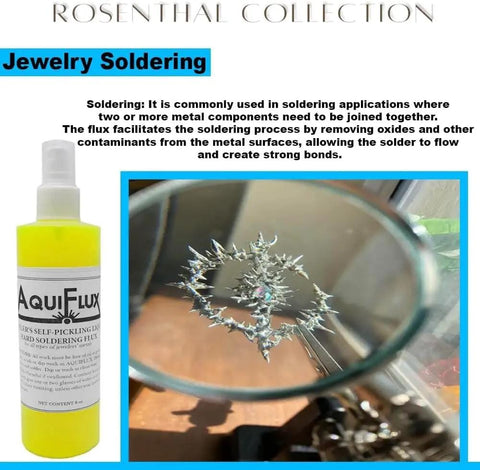 Aquiflux Silver Flux For Jewelry Soldering Low Residue Liquid Flux bottle with magnified metal bonds, 8 oz size.