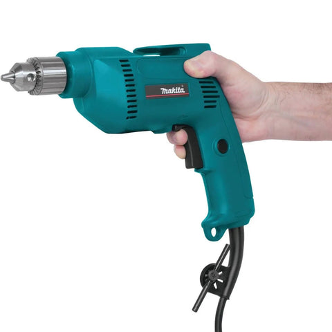 Person holding Three Eighths Inch Drill With 4.9 Amp Motor, Variable Speed 0 to 2500 RPM, In Line Handle, Reversing Switch