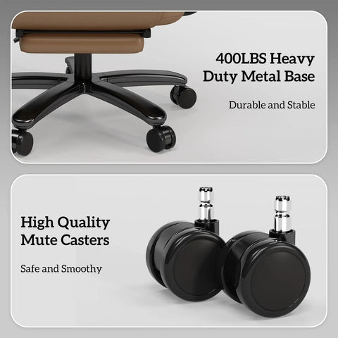 160 Degree Reclining Office Chair With Footrest For Big And Tall Comfort Leather High Back Computer Desk Chair With Cross Legged Seat Armrests And Smooth Wheels For All Day Comfort Brown showcasing black caster wheels and sturdy metal base