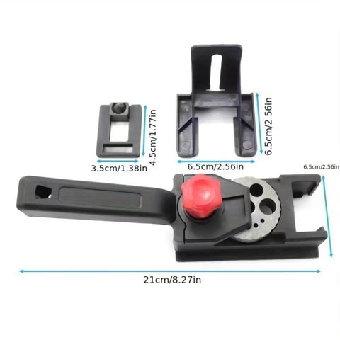 Adjustable Drill Guide Kit For Woodworking With Precision Hole Drilling Durable Plastic Construction Automatic Alignment 3 To 12mm Range Ideal For DIYers And Pros Ready To Tackle Any Project, shown in parts layout with measurements.
