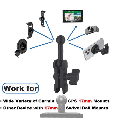 17mm Ball Mount Extension Arm With Double Socket For Garmin GPS And Vehicle Phone Holder 360 Degree Swivel Aluminum Mount Fits Car Dash Windshield Suction Cup And Air Vent Durable For GPS And Camera, black