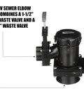 San Tee Double Rotating RV Waste Valve Kit For Mess Free Draining Of Gray And Black Water Great For Campers And Trailers 3 Inch By 1 And A Half Inch Hub Easy To Identify Handles showing a close-up view of valve assembly.