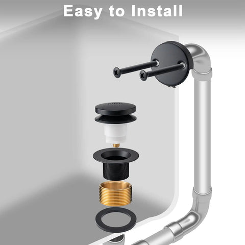 Top Shelf All Metal Bathtub Drain Stopper Kit Featuring Tip Toe Kick Down Plug And Universal Two Hole Overflow Faceplate crafted tough installation parts shown.