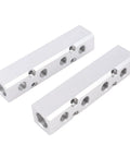 Beefy Aluminum Air Manifold For Four Way Six Port Pneumatic System With One Quarter Inch NPT Output And One Half Inch NPT Supply Heavy Duty Air Distribution Block For Industrial Automation, aluminum manifold shown at angle