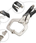 Adjustable Metal Face Clamp For Woodworking And Welding Projects, 11 Inch Jaw With 3 Inch Reach, showing swivel pads and thumb screw