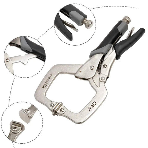 Adjustable Metal Face Clamp For Woodworking And Welding Projects, 11 Inch Jaw With 3 Inch Reach, showing swivel pads and thumb screw