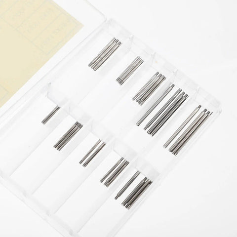 Watch Band Pins Repair Kit Set With Durable Spring Bar Pins in transparent case, multiple sizes for easy replacement.